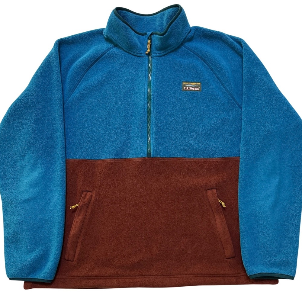 LL Bean 1/4 Zip Colorblock Fleece Pullover XXL Blue Brown Gorpcore Outdoor Cabin